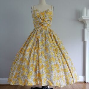 Rare Vintage 1950s Emma Domb Yellow Floral Silk Dress Size Small